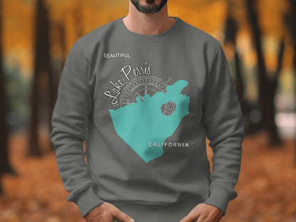 Gray sweatshirt featuring a turquoise map of Lake Perris, California.