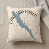 Cream pillow with blue San Pablo Lake map and California text, over compass rose.