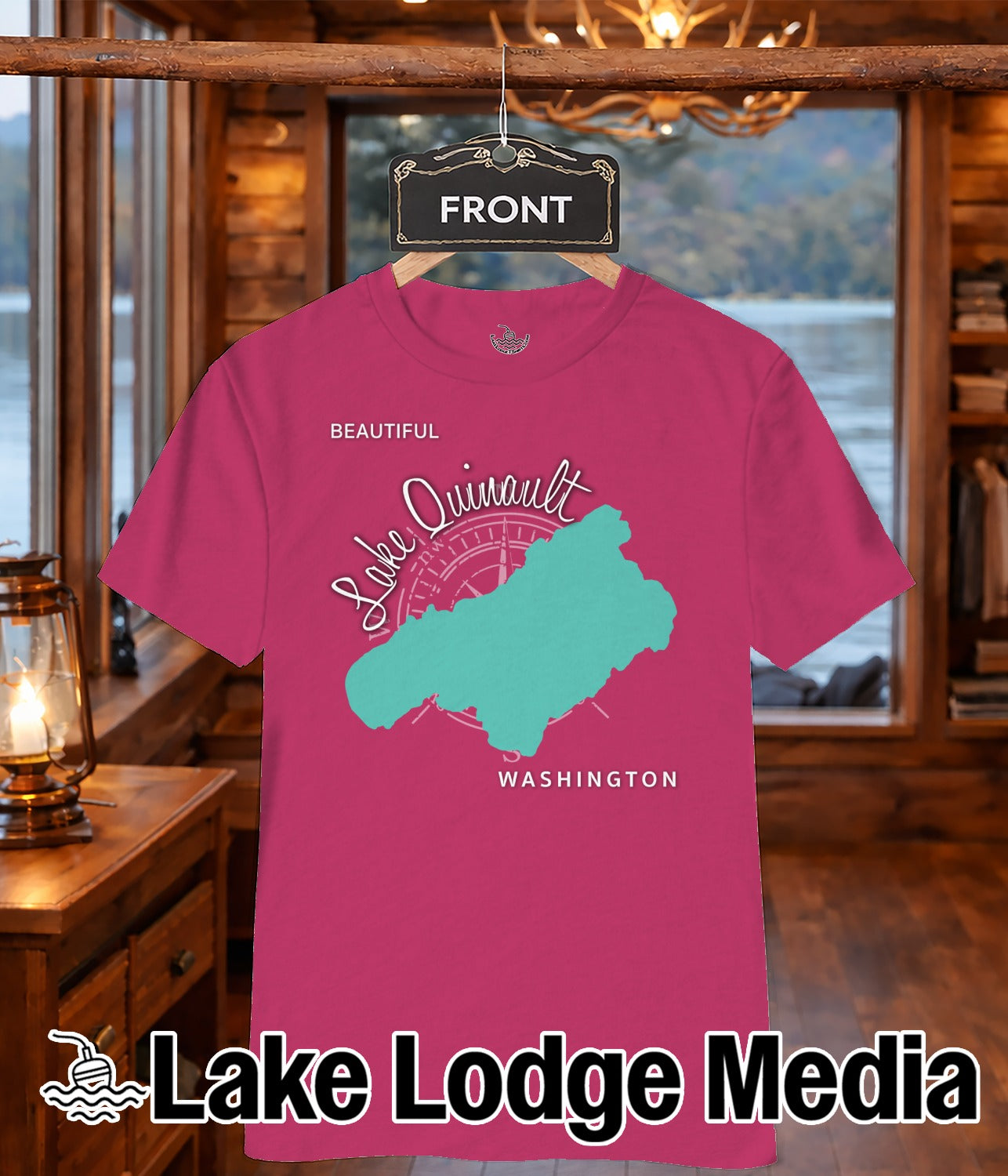 Fuchsia t-shirt with "Lake Quinault Washington" map graphic.