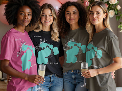 Four women wear t-shirts with a map graphic and "Beautiful Lake Floyd Minnesota" text.