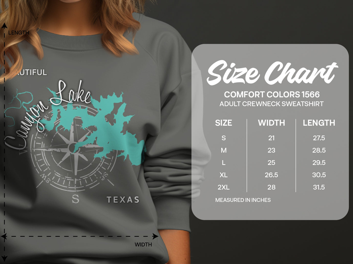 Canyon Lake Texas crewneck sweatshirt size chart with measurements.