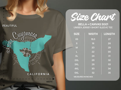 Size chart for Bella + Canvas 3001 unisex short sleeve tee with measurements.