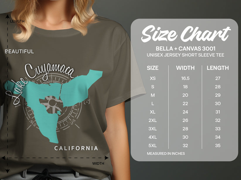Size chart for Bella + Canvas 3001 unisex short sleeve tee with measurements.