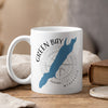 White mug with blue Green Bay map outline over compass and "WISCONSIN".