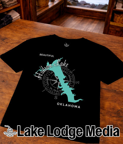 Black t-shirt with a teal map of Windsor Lake, Oklahoma and compass graphic.