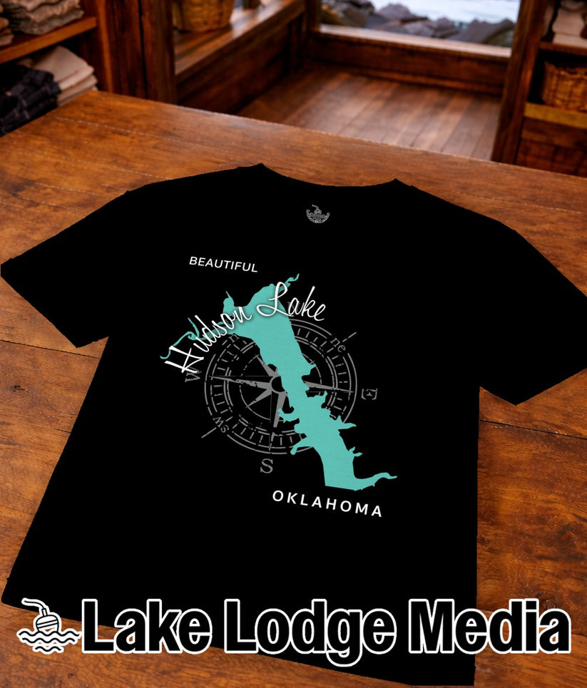 Black t-shirt with a teal map of Windsor Lake, Oklahoma and compass graphic.