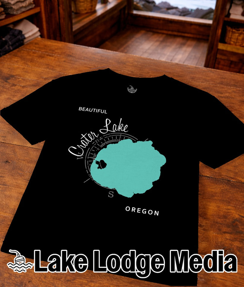 Black t-shirt with Crater Lake Oregon design and "Lake Lodge Media" text.