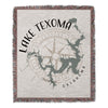 Woven blanket with Lake Texoma map, compass rose, and Oklahoma text.
