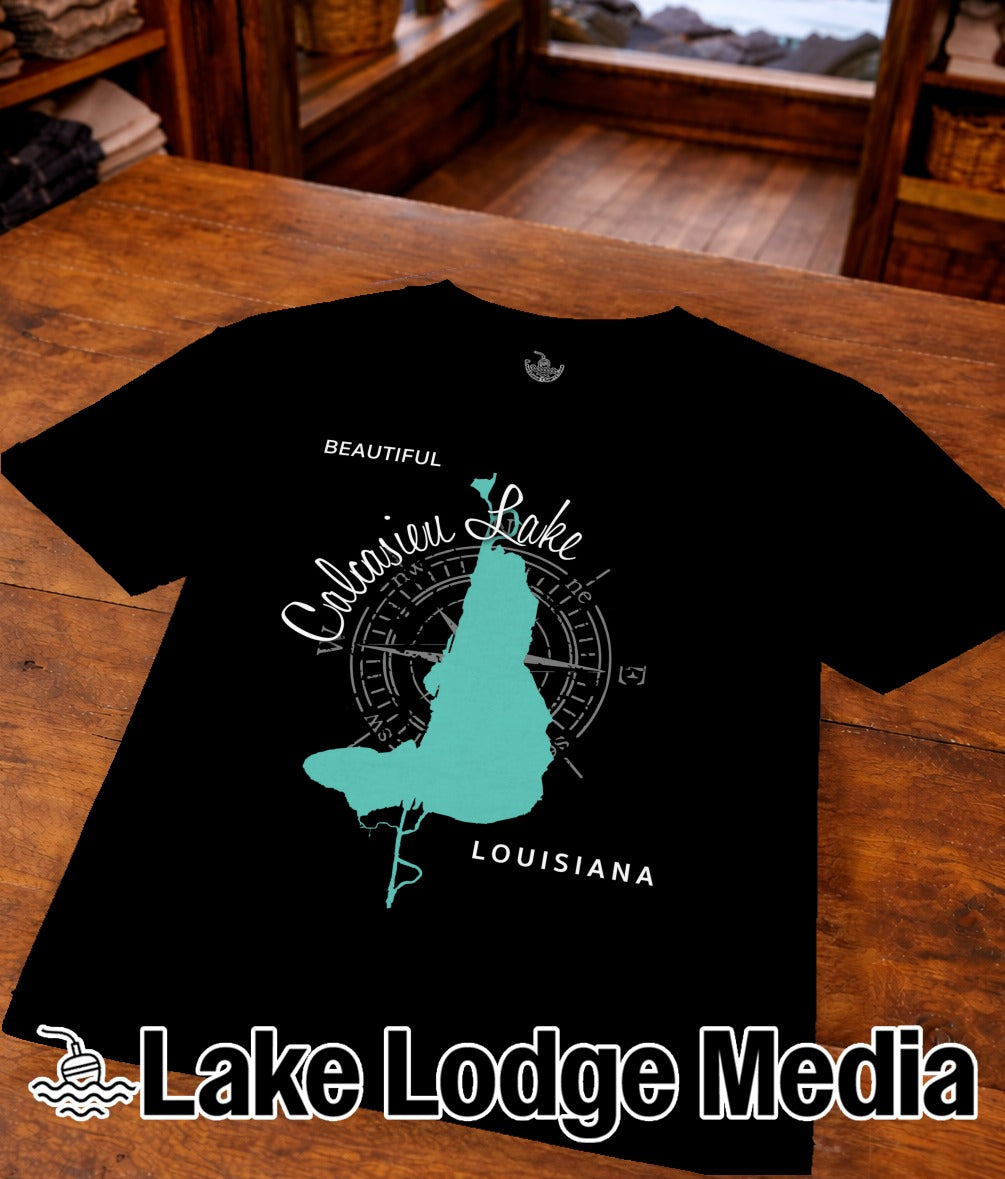 Black t-shirt with a teal outline map of Calcasieu Lake, Louisiana.