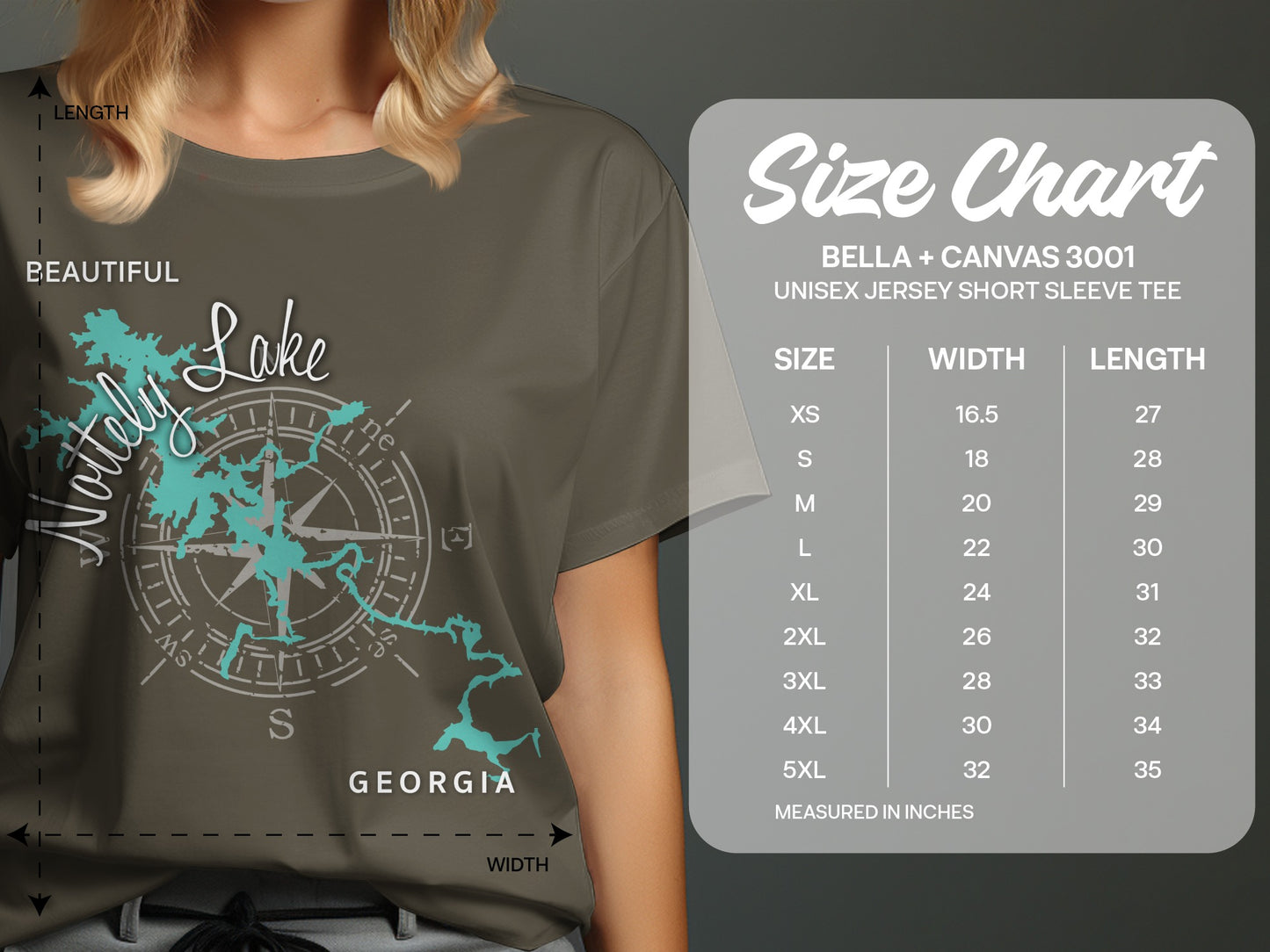 T-shirt size chart showing measurements for Bella + Canvas 3001 unisex short sleeve tees.
