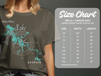 T-shirt size chart showing measurements for Bella + Canvas 3001 unisex short sleeve tees.