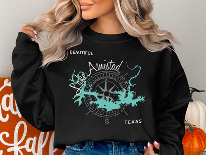 Black sweatshirt with Lake Amistad map and compass graphic.
