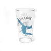 Clear glass pint glass with blue Hebgen Lake map and compass graphic.