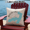 Augur Lake New York pillow with compass and map graphic.