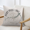 Pillow with Fort Peck Lake map and compass design, located in Montana.