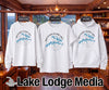Three white t-shirts: sweatshirt, short sleeve, and hoodie, display "Mountain Island Lake" design.