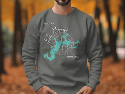 Gray sweatshirt with a teal map of Lake Monroe and compass rose graphic.
