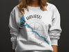White sweatshirt with blue Lake Havasu shape and compass graphic.