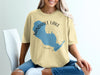 Sandhill Lake Wisconsin map design on a cream colored t-shirt.