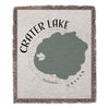 Woven throw blanket featuring Crater Lake map and "Crater Lake Oregon" text.