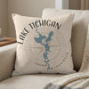 Pillow with Lake Michigan map, compass, and text.