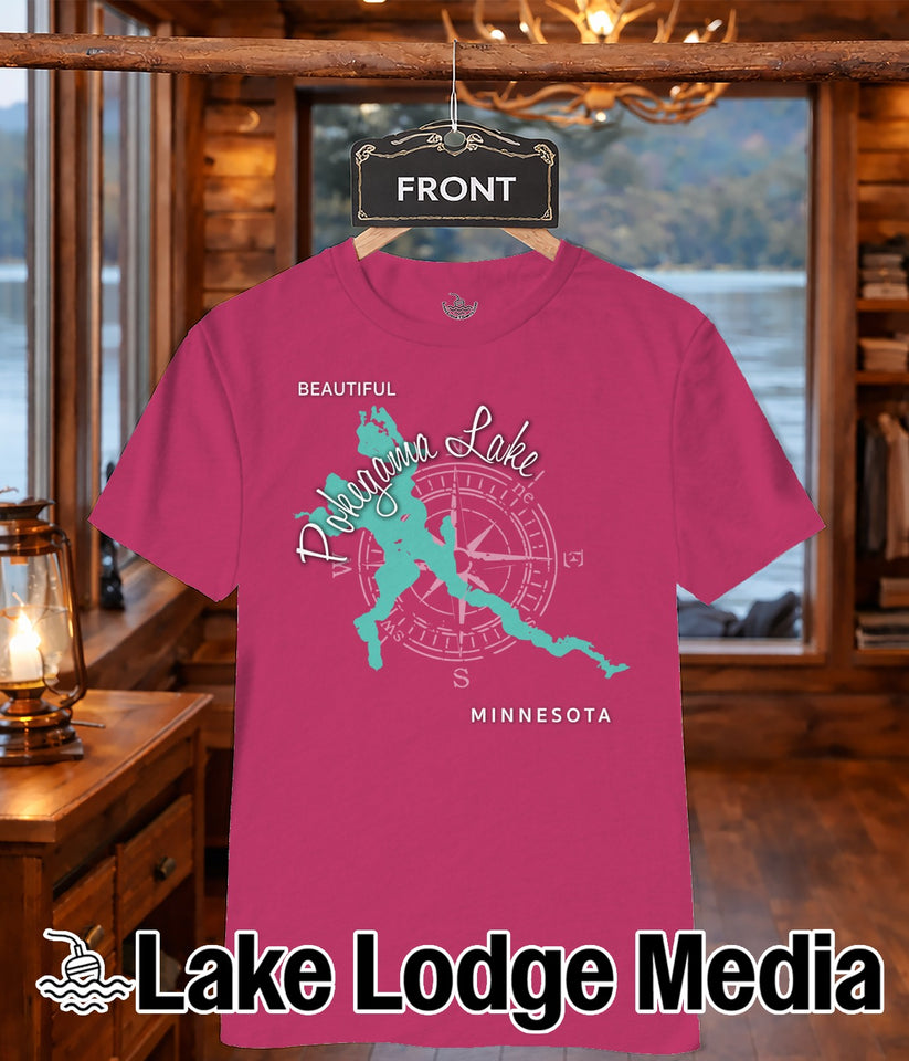 Magenta t-shirt with Pohakama Lake Minnesota compass design.