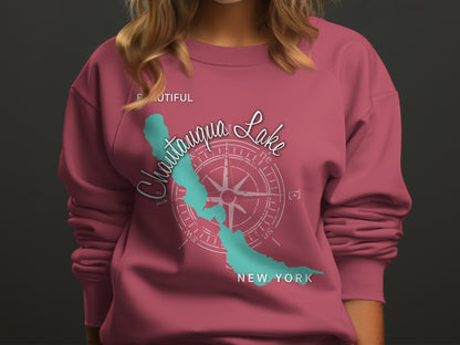 Burgundy sweatshirt with a Chautauqua Lake map and compass design.