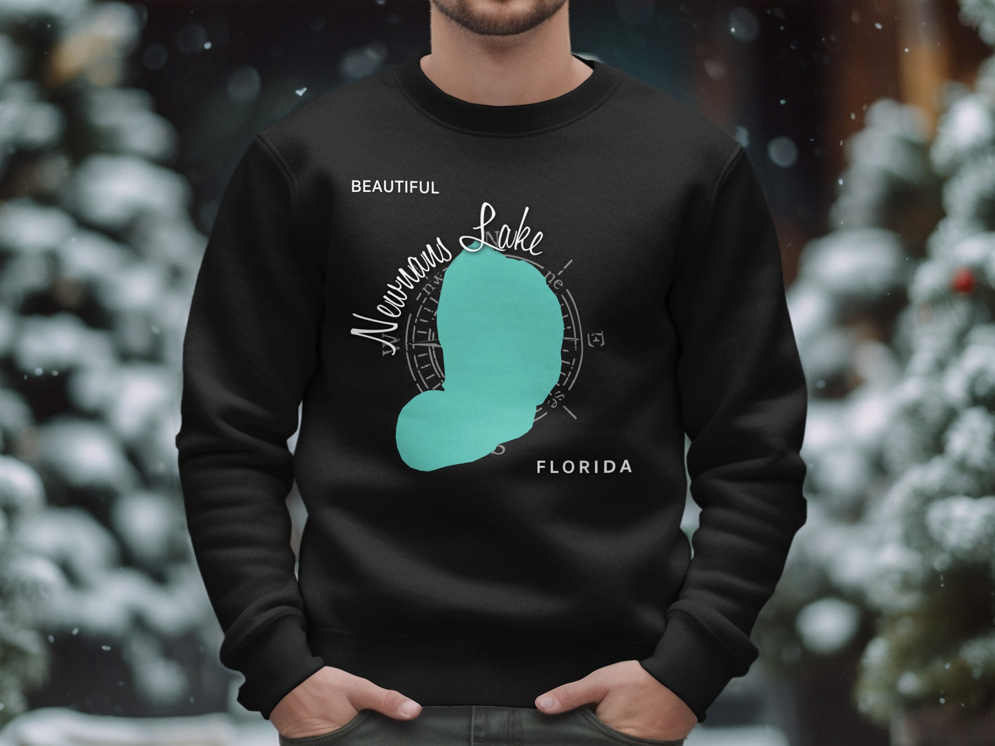 Black sweatshirt with "Newman's Lake Florida" text and teal lake outline.