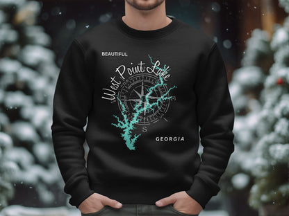 Black sweatshirt with West Point Lake map and compass graphic.