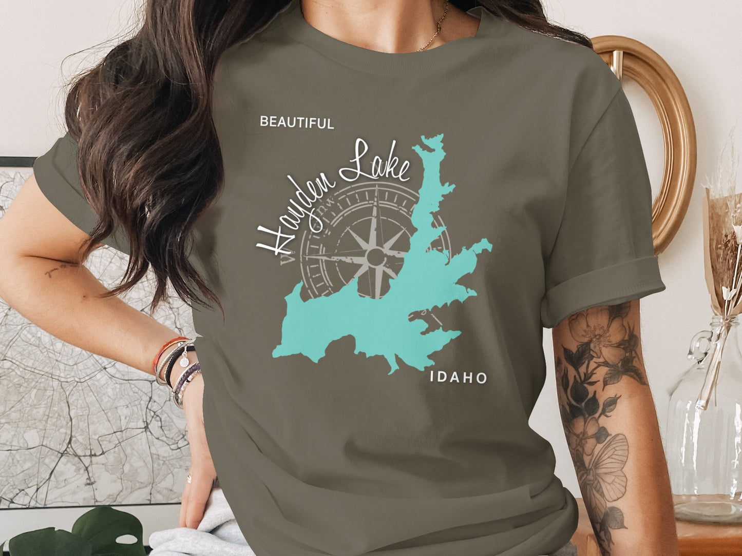 T-shirt with Hayden Lake, Idaho map and compass graphic.