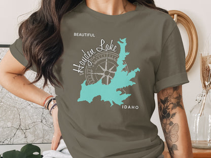 T-shirt with Hayden Lake, Idaho map and compass graphic.