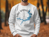 White sweatshirt with Lake Springfield Missouri map and compass graphic.