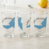 Three clear glasses display "Lake Gregory California" and a blue map outline with a compass rose.