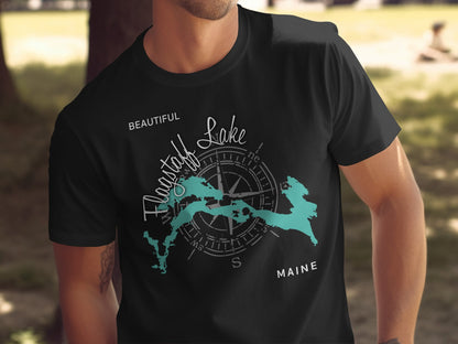 Black t-shirt with blue "Flagstaff Lake" map and compass graphic and "Maine" text.