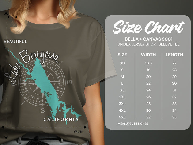 Lake Berryessa, California graphic on a beige unisex t-shirt with size chart.