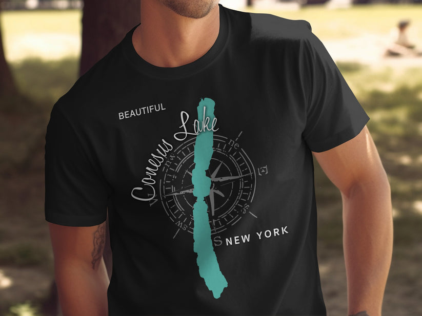 Black t-shirt with compass design and "Conesus Lake New York" text.