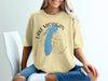 Yellow t-shirt with blue Lake Michigan map graphic and compass rose design.
