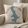 Pillow with blue West Okoboji Lake map graphic and text.