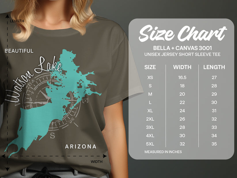T-shirt with "Watson Lake Arizona" graphic and Bella + Canvas 3001 size chart.