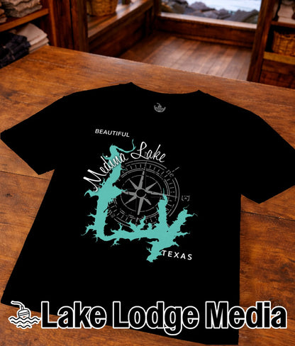 Black t-shirt with teal outline of Medina Lake, Texas, and compass rose.