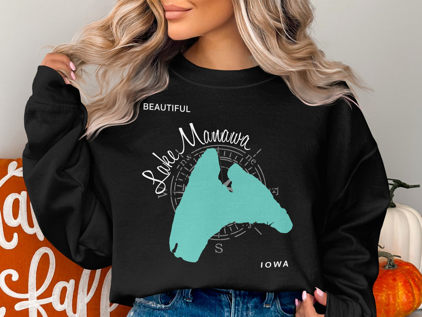 Black sweatshirt with "Beautiful Lake Manawa Iowa" map graphic.