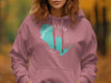 Pink hoodie with teal and white Sandhill Lake, Wisconsin graphic and compass rose.