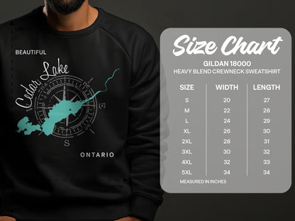 Sweatshirt with Cedar Lake map and size chart for Gildan 18000 sweatshirt.