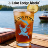 Glass of iced tea with a lemon slice, featuring a blue map of Lake Don Pedro.