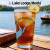 Glass of iced tea with a lemon slice, featuring a Sacandaga Lake map design.