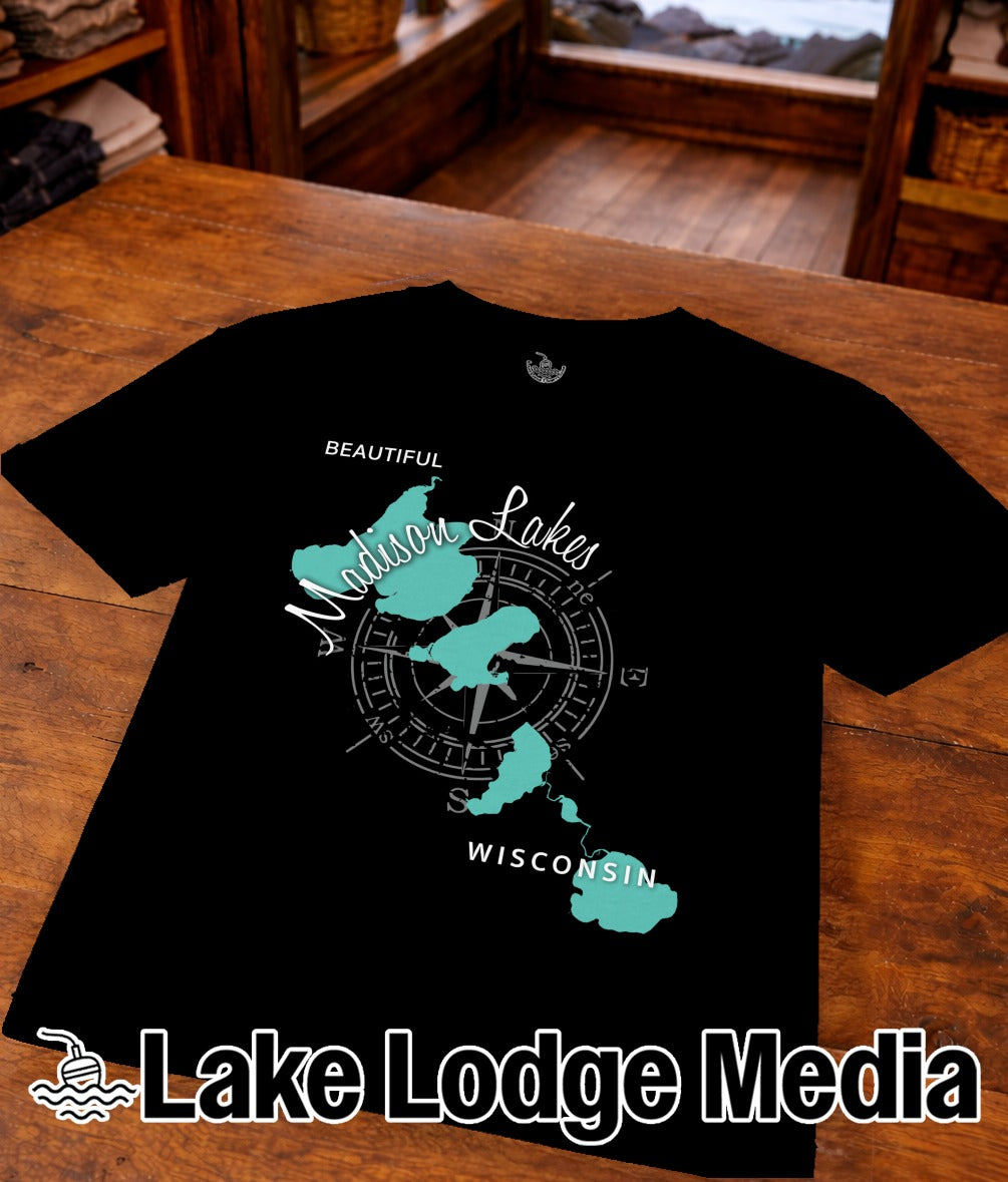 Black t-shirt with turquoise map outline of Madison Lakes, Wisconsin, and compass.
