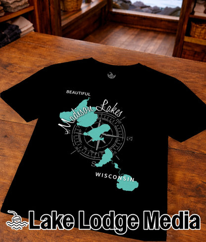 Black t-shirt with turquoise map outline of Madison Lakes, Wisconsin, and compass.