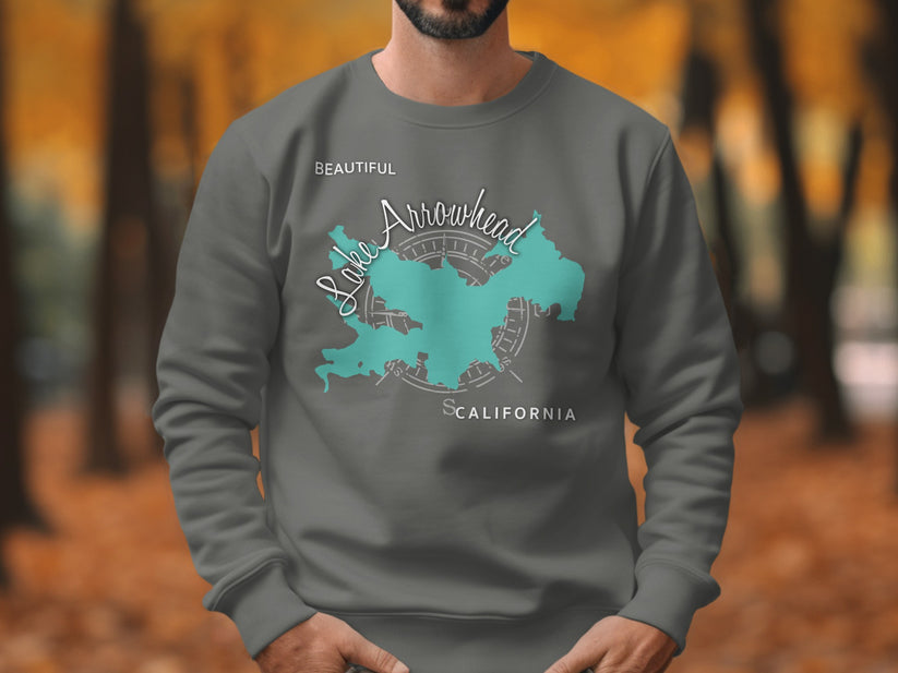 Grey sweatshirt with a teal map of Lake Arrowhead and compass rose.