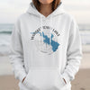White hoodie with Whiskey Town Lake compass and California map graphic.