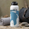 White water bottle with "HURON" and a blue map graphic, next to a grey towel and duffel bag.
